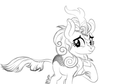 Size: 3000x2000 | Tagged: safe, artist:vasillium, autumn blaze, kirin, season 8, sounds of silence, spoiler:s08, black and white, ears up, female, grayscale, happy, high res, hoof on chest, horn, looking, monochrome, nostrils, one hoof raised, simple background, smiling, solo, standing, tail, transparent background