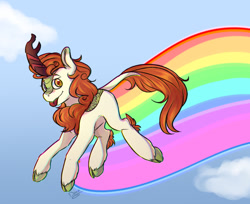 Size: 1280x1047 | Tagged: safe, artist:dark-drawz, autumn blaze, kirin, sounds of silence, :p, cloud, cloven hooves, leonine tail, rainbow, silly, sky, solo, tongue out