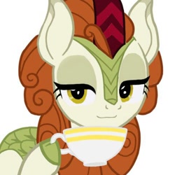 Size: 480x480 | Tagged: artist needed, safe, edit, autumn blaze, kirin, sounds of silence, cup, hoof hold, lidded eyes, needs more jpeg, simple background, smiling, smug, solo, teacup, white background