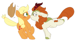 Size: 5710x3120 | Tagged: safe, artist:chub-wub, derpibooru import, applejack, autumn blaze, earth pony, kirin, pony, sounds of silence, autumnjack, bedroom eyes, blushing, boop, cloven hooves, colored hooves, eye contact, female, hat, lesbian, looking at each other, mare, noseboop, quadrupedal, shipping, simple background, smiling, surprised, transparent background, unshorn fetlocks