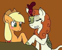 Size: 1076x867 | Tagged: safe, artist:cmara, derpibooru import, applejack, autumn blaze, earth pony, pony, sounds of silence, autumnjack, female, lesbian, paint tool sai, shipping