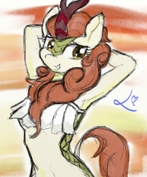 Size: 1000x1200 | Tagged: safe, artist:achmeddb, autumn blaze, anthro, kirin, arm behind head, armpits, awwtumn blaze, breasts, cute, female, signature, solo, underboob