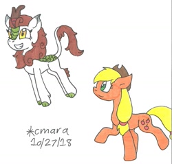 Size: 1235x1181 | Tagged: safe, artist:cmara, derpibooru import, applejack, autumn blaze, earth pony, pony, sounds of silence, traditional art