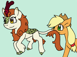 Size: 992x741 | Tagged: safe, artist:cmara, derpibooru import, applejack, autumn blaze, earth pony, kirin, pony, sounds of silence, applejack's hat, cowboy hat, hat, paint tool sai