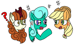 Size: 520x310 | Tagged: safe, artist:徐詩珮, applejack, autumn blaze, glitter drops, alicorn, earth pony, kirin, pony, my little pony: the movie, sounds of silence, angry, applejack's hat, autumnjack, autumnjack vs glitterblaze, cowboy hat, female, fight, glitterblaze, glittercorn, hat, lesbian, love triangle, shipping