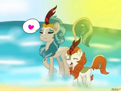 Size: 960x720 | Tagged: safe, artist:parn, autumn blaze, rain shine, kirin, sounds of silence, beach, cute, female, heart, pictogram, relaxing