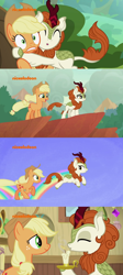 Size: 1024x2294 | Tagged: safe, derpibooru import, edit, edited screencap, screencap, applejack, autumn blaze, earth pony, kirin, pony, sounds of silence, spoiler:s08, hug, rainbows, shipping fuel