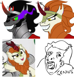 Size: 1024x1069 | Tagged: safe, autumn blaze, king sombra, kirin, pony, unicorn, sounds of silence, crown, cursed image, flowing mane, genius, glowing eyes, horn, jewelry, looking up, meme, open mouth, recolor, regalia, simple background, smiling, teeth, white background