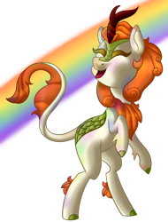 Size: 1600x2105 | Tagged: safe, artist:firepetalfox, autumn blaze, kirin, sounds of silence, eyes closed, open mouth, rainbow, rearing, simple background, transparent background