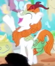 Size: 751x892 | Tagged: safe, screencap, autumn blaze, kirin, season 8, sounds of silence, awwtumn blaze, cropped, cute, eyes closed, female, open mouth, raised hoof, singing