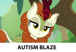 Size: 1280x876 | Tagged: safe, edit, edited screencap, screencap, autumn blaze, kirin, sounds of silence, spoiler:s08, autism, background pony strikes again, downvote bait, female, frown, head tilt, lidded eyes, op is a cuck, op is trying to start shit