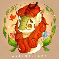 Size: 1000x1000 | Tagged: safe, artist:yellowalpaca0726, autumn blaze, butterfly, kirin, sounds of silence, spoiler:s08, abstract background, awwtumn blaze, beanbrows, bust, cute, eyebrows, female, floppy ears, flower, looking at you, looking sideways, looking up, portrait, solo, three quarter view