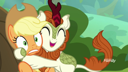 Size: 1920x1080 | Tagged: safe, derpibooru import, screencap, applejack, autumn blaze, earth pony, kirin, pony, sounds of silence, cloven hooves, cowboy hat, cute, duo, eyes closed, female, hat, hug, mare