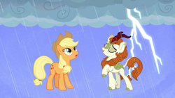 Size: 1920x1080 | Tagged: safe, derpibooru import, screencap, applejack, autumn blaze, earth pony, kirin, pony, sounds of silence, spoiler:s08, a kirin tale, cloven hooves, cowboy hat, duo, eyes closed, female, hat, lightning, looking up, mare, rain, simple background, singing, storm