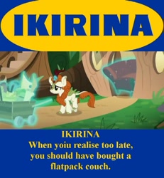 Size: 845x915 | Tagged: safe, autumn blaze, kirin, sounds of silence, cloven hooves, female, ikea, ikirina, irony, needs more jpeg, response, sofa