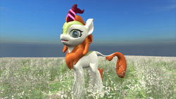 Size: 3840x2160 | Tagged: safe, artist:ruuji-tunouys, autumn blaze, kirin, sounds of silence, 3d, animation frame, blender, golden eyes, grass, hair, light, magic, sky, solo