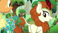 Size: 1280x720 | Tagged: safe, derpibooru import, screencap, applejack, autumn blaze, earth pony, kirin, pony, sounds of silence, spoiler:s08, flower, foal's breath