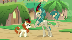 Size: 1280x720 | Tagged: safe, screencap, autumn blaze, rain shine, kirin, sounds of silence, spoiler:s08, cloven hooves, duo, eyes closed, female, raised tail, size difference, tail