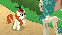 Size: 1280x720 | Tagged: safe, screencap, autumn blaze, rain shine, kirin, sounds of silence, spoiler:s08, cloven hooves, crying, kirin village, queen, raised hoof, tears of joy