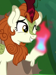 Size: 540x718 | Tagged: safe, screencap, autumn blaze, kirin, sounds of silence, spoiler:s08, cropped, fire, one eye closed, solo, wink