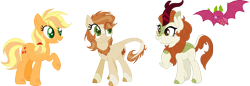 Size: 1227x424 | Tagged: safe, artist:thepegasisterpony, derpibooru import, applejack, autumn blaze, oc, oc:osage orange, oc:tutti frutti, earth pony, fruit bat, hybrid, kirin, pony, sounds of silence, autumnjack, family, female, interspecies offspring, kirin hybrid, kirin pony hybrid, lesbian, magical lesbian spawn, mother and child, mother and daughter, offspring, parent and child, parent:applejack, parent:autumn blaze, parents:autumnjack, shipping, simple background, transparent background