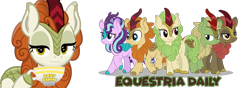 Size: 1000x350 | Tagged: safe, autumn afternoon, autumn blaze, forest fall, maple brown, spring glow, starlight glimmer, kirin, sounds of silence, background kirin, banner, best kirin, cloven hooves, cup, cute, equestria daily, female, hoof hold, kirin starlight, kirin-ified, male, simple background, smug, species swap, transparent background