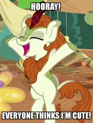 Size: 760x1012 | Tagged: safe, edit, edited screencap, screencap, autumn blaze, butterfly, kirin, sounds of silence, spoiler:s08, awwtumn blaze, bipedal, cropped, cute, excited, female, fluffy, happy, hooray, hooves, hooves raised, image macro, meme, smiling, solo