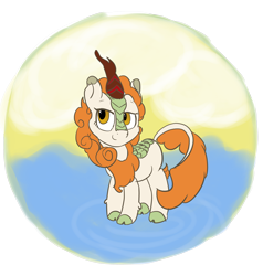 Size: 2388x2504 | Tagged: safe, artist:comfyplum, derpibooru exclusive, autumn blaze, kirin, sounds of silence, cloud, cloven hooves, crossed legs, female, lidded eyes, looking at you, mare, ripples, simple background, smiling, solo, transparent background, water