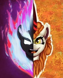 Size: 1024x1275 | Tagged: safe, artist:equestrian-downfall, autumn blaze, kirin, nirik, sounds of silence, blank eyes, mane of fire, open mouth, split screen, two-face