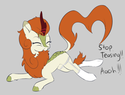 Size: 1134x858 | Tagged: safe, artist:dusthiel, artist:icey-wicey-1517, color edit, edit, autumn blaze, kirin, awwtumn blaze, clothes, cloven hooves, colored, cute, eyes closed, female, garter belt, garters, mare, offscreen character, quadrupedal, solo, stockings, thigh highs, tongue out