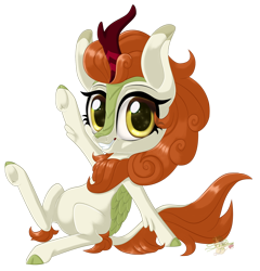 Size: 800x833 | Tagged: safe, artist:unisoleil, autumn blaze, kirin, sounds of silence, chibi, cloven hooves, female, looking at you, simple background, solo, transparent background