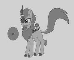 Size: 1491x1206 | Tagged: safe, artist:dusthiel, autumn blaze, kirin, sounds of silence, spoiler:s08, cute, female, grayscale, inktober, inktober 2018, monochrome, plushie, protecting, shield, simple background, smiling