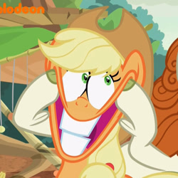 Size: 903x903 | Tagged: safe, derpibooru import, screencap, applejack, autumn blaze, earth pony, kirin, pony, sounds of silence, cloven hooves, cowboy hat, cute, faic, female, forced smile, funny face, hat, hooves, impossibly large smile, mare, nickelodeon, smiling, weird