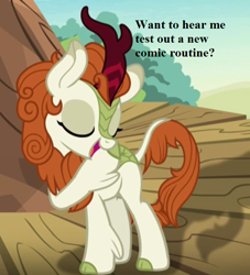 Size: 640x704 | Tagged: safe, edit, edited screencap, screencap, autumn blaze, kirin, sounds of silence, spoiler:s08, awwtumn blaze, bronybait, cloven hooves, cropped, cute, silhouette gloom of the sundown lands, solo, text