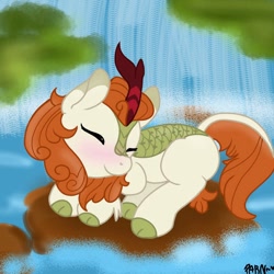 Size: 768x768 | Tagged: safe, artist:parn, autumn blaze, kirin, sounds of silence, awwtumn blaze, cloven hooves, cute, digital art, female, rock, sleeping, waterfall