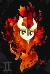 Size: 1000x1466 | Tagged: safe, artist:ii-art, autumn blaze, kirin, sounds of silence, bust, female, horn, leaf, lineless, looking at you, maple leaf, portrait, smiling, solo