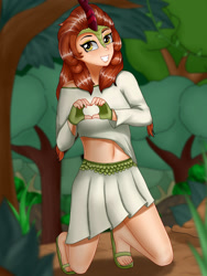 Size: 1375x1833 | Tagged: safe, artist:focusb, autumn blaze, human, sounds of silence, belly button, female, heart hands, humanized, looking at you, midriff, sandals, smiling, solo