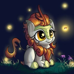 Size: 1280x1280 | Tagged: safe, artist:rocket-lawnchair, autumn blaze, firefly (insect), insect, kirin, awwtumn blaze, cheek fluff, cute, female, filly, night, ponyloaf, prone, solo, weapons-grade cute