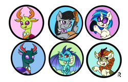 Size: 3000x1920 | Tagged: safe, artist:dawn-designs-art, autumn blaze, dj pon-3, octavia melody, pharynx, princess ember, thorax, vinyl scratch, changedling, changeling, dragon, earth pony, kirin, pony, unicorn, changedling brothers, cute, digital art, king thorax, prince pharynx