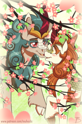 Size: 1181x1772 | Tagged: safe, artist:inuhoshi-to-darkpen, autumn blaze, rain shine, kirin, bedroom eyes, blushing, boop, cloven hooves, female, flower, noseboop, open mouth, raised hoof, tree, underhoof