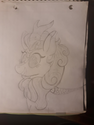 Size: 2448x3264 | Tagged: safe, artist:kody02, autumn blaze, kirin, pony, black and white, female, grayscale, grin, high res, mare, monochrome, paper, pencil, smiling, traditional art