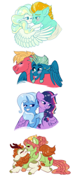 Size: 1500x3600 | Tagged: safe, artist:loryska, autumn blaze, big macintosh, lightning dust, sky stinger, tree hugger, trixie, twilight sparkle, twilight sparkle (alicorn), vapor trail, alicorn, earth pony, kirin, pegasus, pony, unicorn, blushing, female, gay, lesbian, macstinger, male, mare, quadrupedal, shipping, stallion, treeblaze, twixie, vapordust