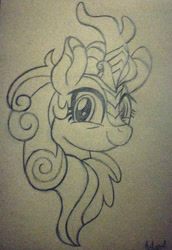 Size: 429x625 | Tagged: safe, artist:artspirit00, autumn blaze, kirin, sounds of silence, bust, female, monochrome, quadrupedal, simple background, sketch, traditional art