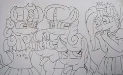 Size: 4388x2681 | Tagged: safe, artist:徐詩珮, autumn blaze, fizzlepop berrytwist, glitter drops, kerfuffle, spring rain, tempest shadow, anthro, unicorn, broken horn, female, glitter drops gets all the mares, glitterblaze, glitterfuffle, glittershadow, horn, lesbian, lineart, mare, polyamory, shipping, springdrops, springshadow, springshadowdrops, traditional art