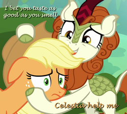 Size: 954x864 | Tagged: safe, derpibooru import, edit, edited screencap, screencap, applejack, autumn blaze, earth pony, kirin, pony, sounds of silence, caption, cropped, do not want, image macro, text