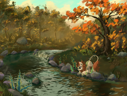 Size: 2048x1536 | Tagged: safe, artist:tinybenz, autumn blaze, kirin, autumn, cloven hooves, colored hooves, crouching, female, flower, foal's breath, forest, quadrupedal, river, scenery, scenery porn, solo, stream, tree, water