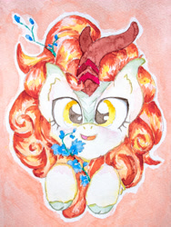 Size: 2932x3909 | Tagged: safe, artist:papersurgery, autumn blaze, kirin, bust, cloven hooves, female, flower, foal's breath, full face view, kirin day, open mouth, portrait, smiling, solo, traditional art, watercolor painting
