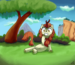 Size: 1280x1113 | Tagged: safe, artist:wallparty, autumn blaze, kirin, female, grin, hoof on chin, kirin day, leaning, looking at you, mare, outdoors, raised hoof, smiling, solo, tree