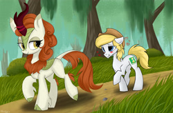 Size: 3800x2500 | Tagged: safe, artist:hydrargyrum, edit, autumn blaze, oc, oc:hickory switch, earth pony, kirin, pony, sounds of silence, spoiler:s08, bedroom eyes, blue eyes, blushing, canon x oc, cloven hooves, commission, cowboy hat, curved horn, cutie mark, female, hat, heart, leonine tail, looking back, male, scenery, shipping, stetson, straight, walking, ych result