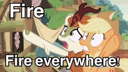 Size: 2669x1510 | Tagged: safe, derpibooru import, edit, edited screencap, screencap, applejack, autumn blaze, earth pony, kirin, pony, sounds of silence, spoiler:s08, a kirin tale, exploitable meme, image macro, meme, text, x x everywhere